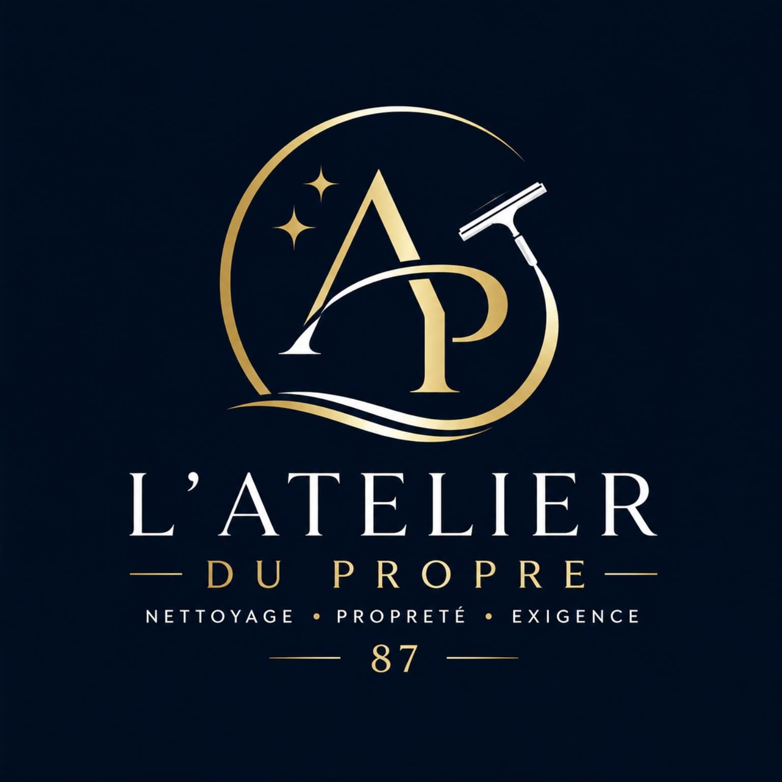 Logo doré L'Atelier du Propre avec monogramme AP et raclette sur fond bleu marine.